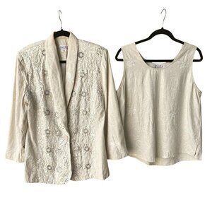 Lims Shanghai Vintage Womens Tan Silk 2-Piece Embroidered Jacket Tank Top Set M